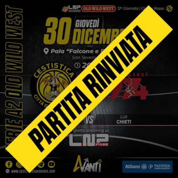 Basket, rinviate le partite della 12ª giornata di A2. Non si gioca San Severo-Chieti