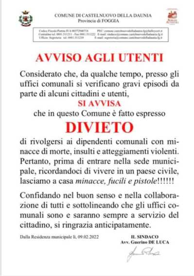 «Vietato minacciare di morte i dipendenti comunali»: l’avviso del sindaco di Castelnuovo Daunia