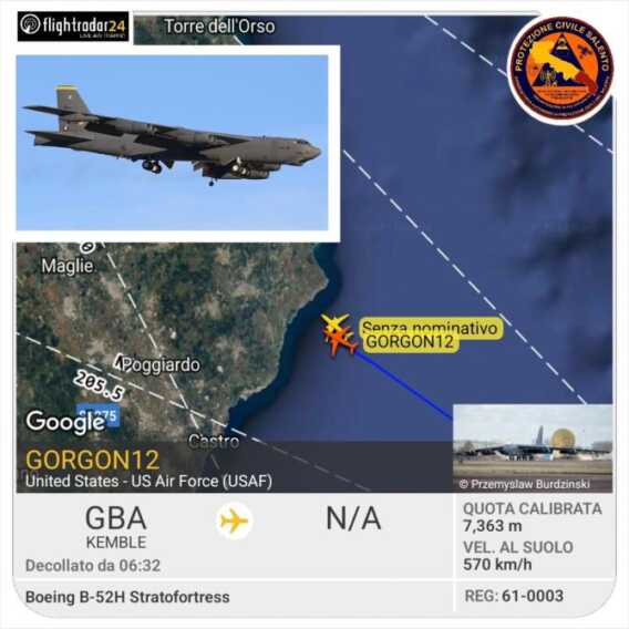 Due superbombardieri “B52-H” dalla Usa AirForce sorvolano il Salento di ritorno dalla Romania