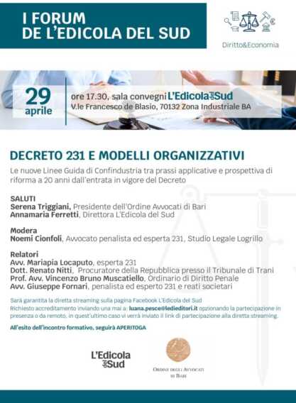 Decreto 231 e modelli organizzativi: al via i focus di Diritto&Economia de L’Edicola del Sud