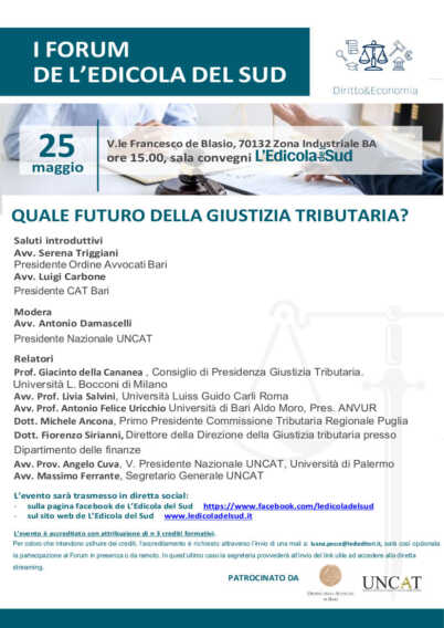 Diritto&Economia: i forum de “L’Edicola del Sud”: il 25 maggio focus su “Quale futuro per la giustizia tributaria?”