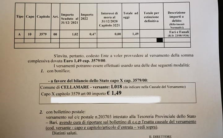 Cellamare ha un debito con lo Stato: 1,49 euro per un Regio decreto del 1934. Il sindaco paga di tasca propria