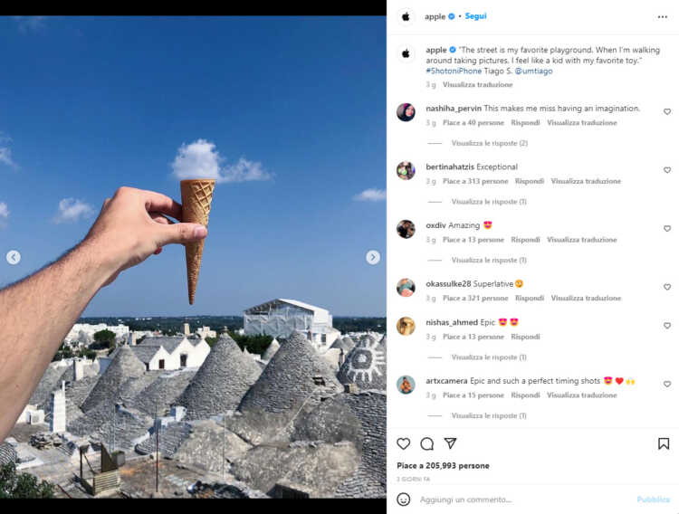 Alberobello fa da sfondo allo scatto: Apple lo condivide su Instagram