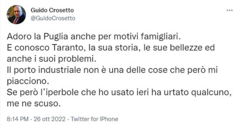 Galleria foto 'Crosetto si scusa: «Adoro Taranto, ma il porto non è una delle cose che mi piacciono»' - foto 1