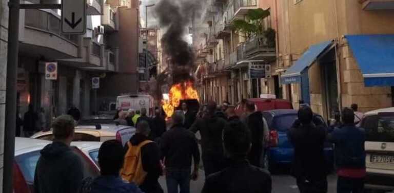 Assalto al portavalori in centro a Barletta: auto in fiamme nei pressi di un mercato affollato