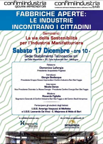 “Fabbriche aperte”: sabato primo appuntamento con Confimi Industria Bari