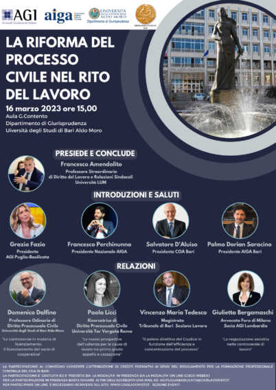 Giustizia, il 16 marzo all’UniBa il convegno “La riforma del processo civile nel rito del lavoro”