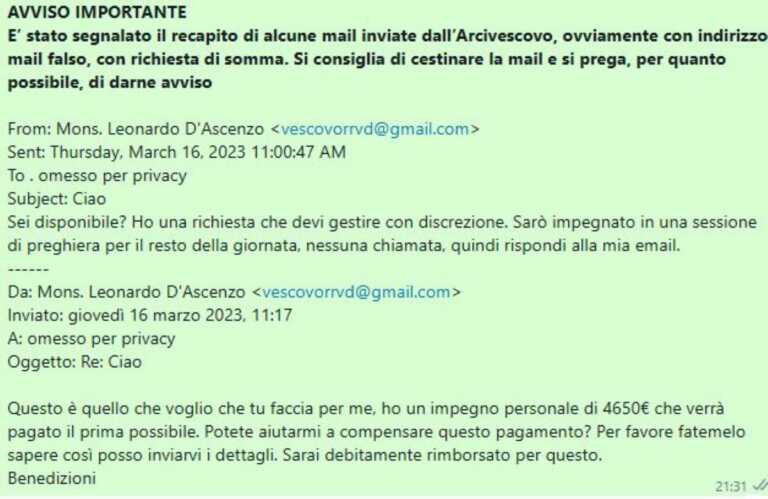 Richieste di denaro con la falsa mail del vescovo della diocesi di Trani-Barletta-Bisceglie: «Non ci cascate»