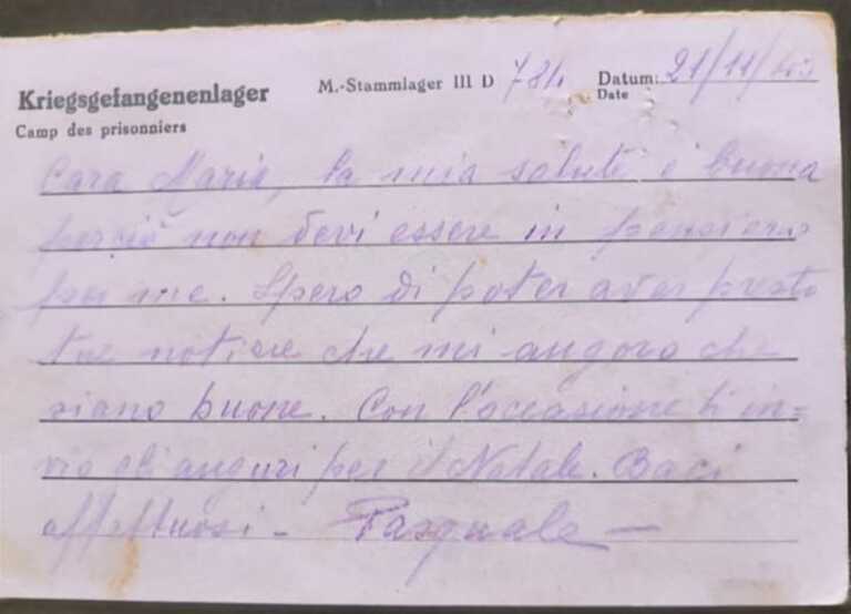 Scrive alla moglie da un campo di prigionia tedesco: la lettera recapitata dopo 80 anni a Mottola