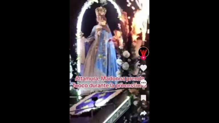 Altamura, a fuoco gli ornamenti del carro: le fiamme lambiscono la statua della Madonna del Buoncammino – VIDEO