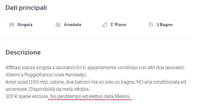 Bari, camera in affitto su un sito di annunci ma non agli «elettori della Meloni»: insorge Fratelli d’Italia