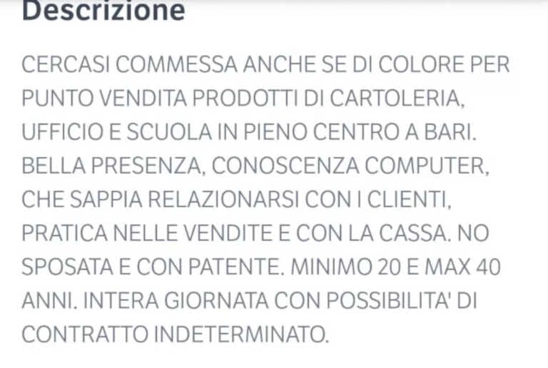 “Cercasi commessa anche se di colore”: polemiche per un annuncio, poi rimosso, di una cartoleria barese