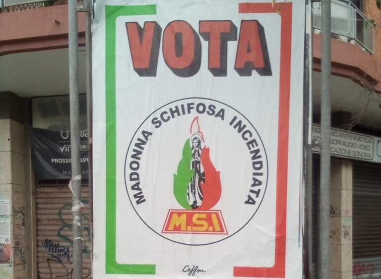 Bari, su un manifesto il simbolo del Msi modificato con frasi blasfeme. Picaro: «Gesto vigliacco»