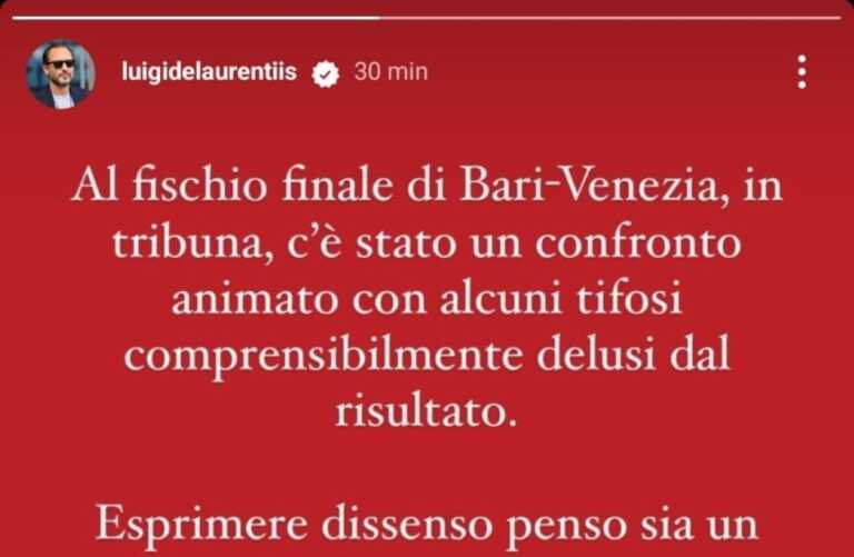 Le polemiche dopo Bari-Venezia, De Laurentiis: «C’è stato un confronto ma non ho offeso nessuno»