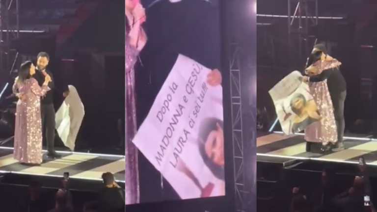 Un “duetto divino” con Laura Pausini a Bari benedetta sul palco da don Piero – VIDEO