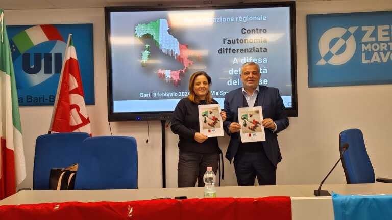 Cgil e Uil Puglia in piazza contro l’autonomia differenziata: «Il ddl Calderoli spacca l’Italia»