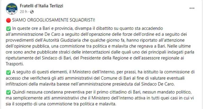 Decaro, polemica anche a Terlizzi. Fratelli d’Italia al Pd: «Siamo orgogliosamente squadristi»