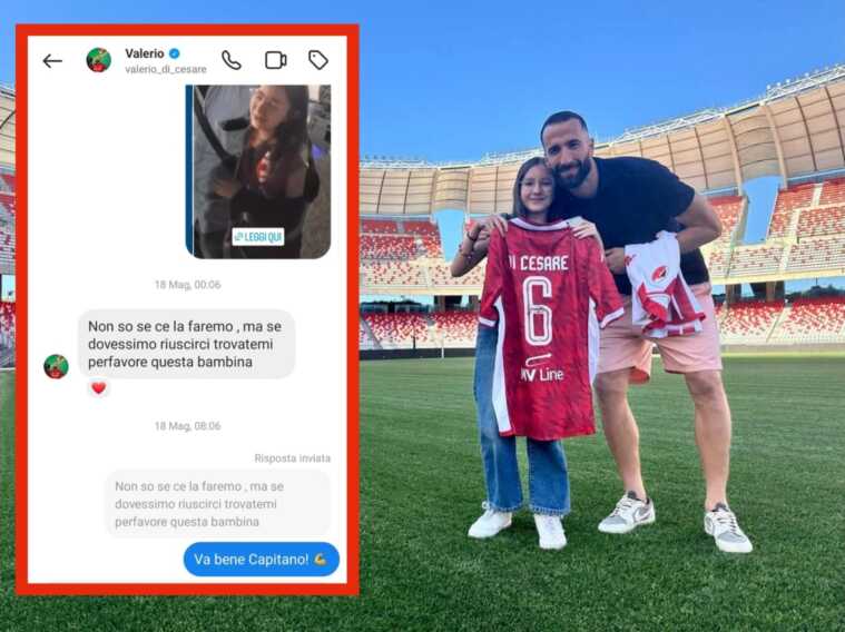 L’abbraccio della piccola tifosa del Bari con Di Cesare: la favola grazie a L’Edicola – VIDEO