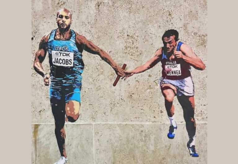 “Il sorpasso” dell’artista Harry Greb: il murales del campione barlettano Mennea in staffetta con Jacobs – VIDEO