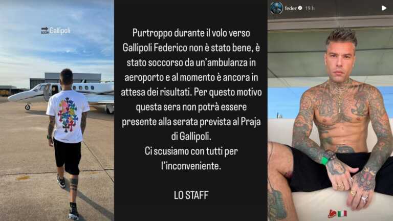 Malore in volo per Fedez, ricoverato e dimesso a Brindisi: «Ora sto meglio». Annullato il concerto a Gallipoli