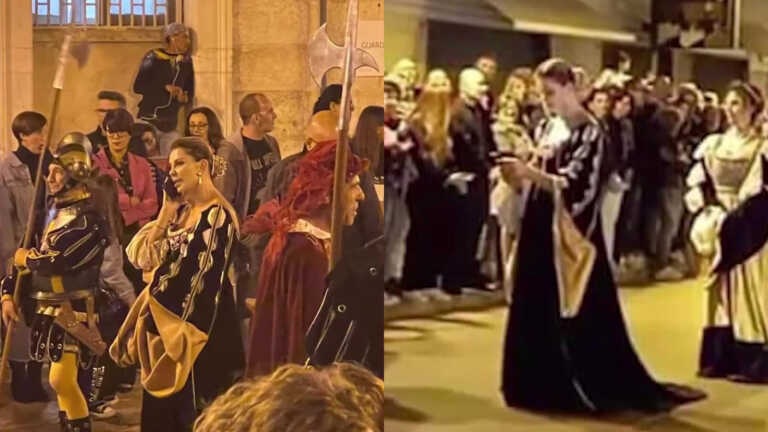 Barletta, Alba Parietti col cellulare al corteo della Disfida: scoppia la polemica