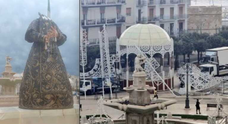 Maltempo a Mola: crollano le luminarie e danni alla riproduzione della Madonna