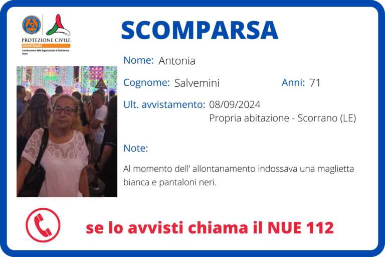 Scorrano in ansia per la signora Antonia Salvemini: è scomparsa da 24 ore