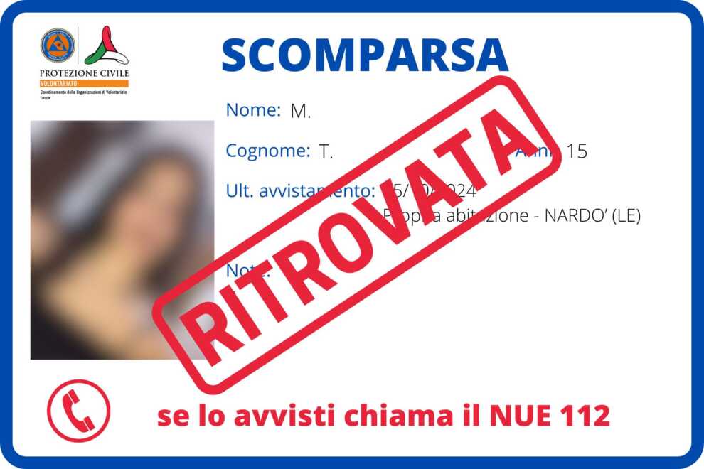 Lieto fine a Nardò: trovata dopo 5 giorni la 15enne scomparsa martedì scorso