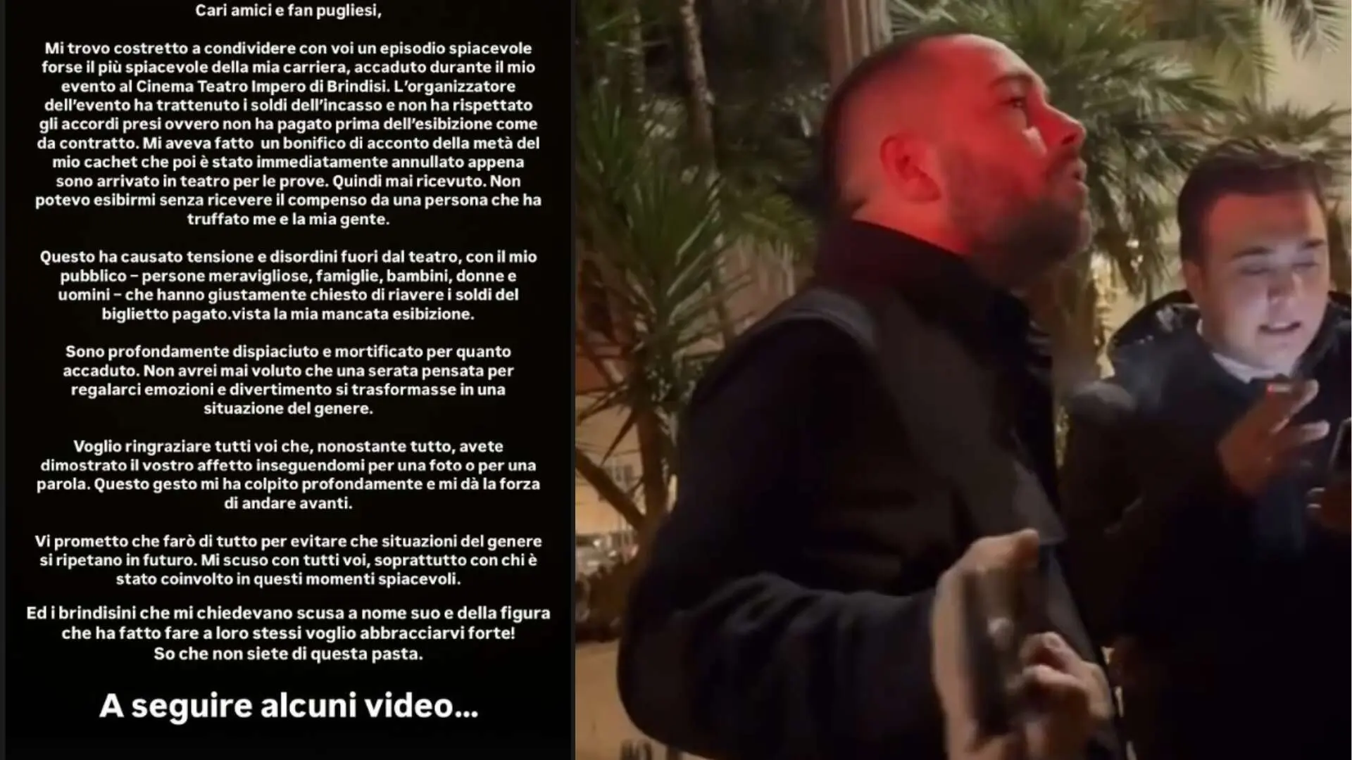 Brindisi, salta lo show di Calone. Lo sfogo social: «Sono stato truffato» – VIDEO