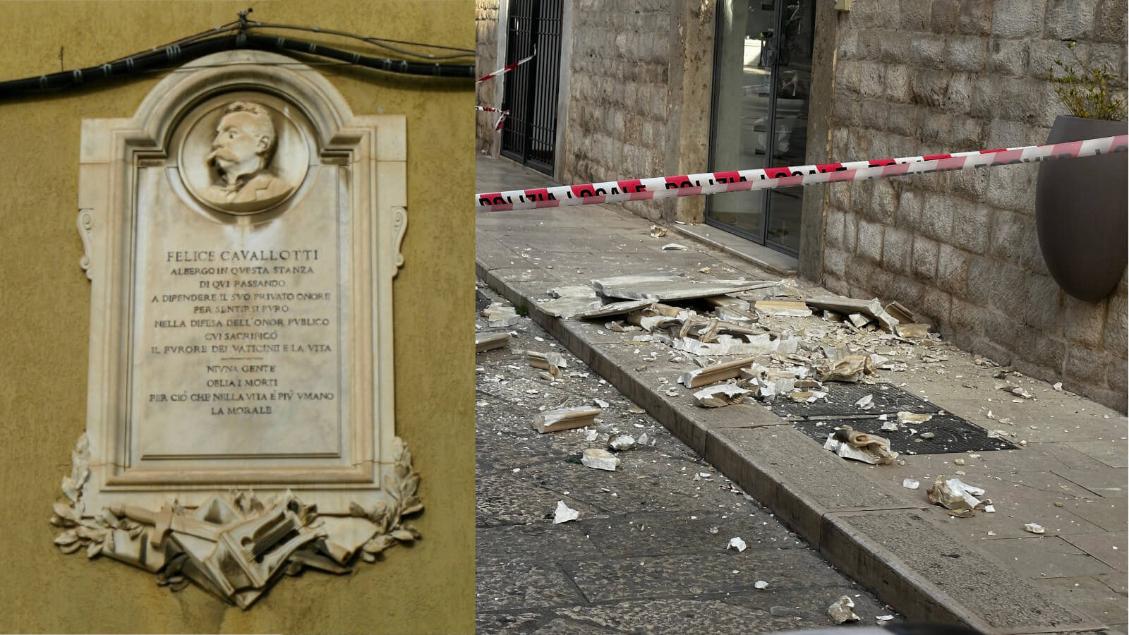 Paura a Trani, si stacca una lapide in marmo dalle mura di Palazzo Cotugno: nessun ferito