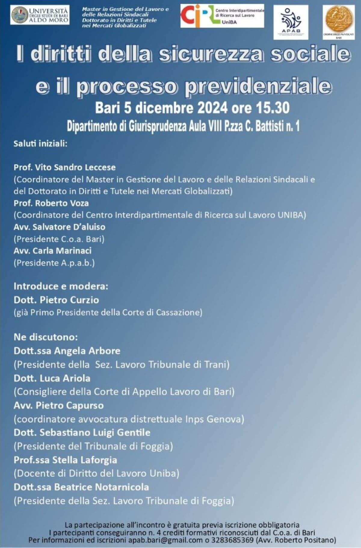 Diritti della sicurezza sociale e del processo previdenziale: se ne discute a Bari Diritti della sicurezza sociale e del processo previdenziale: se ne discute a Bari
