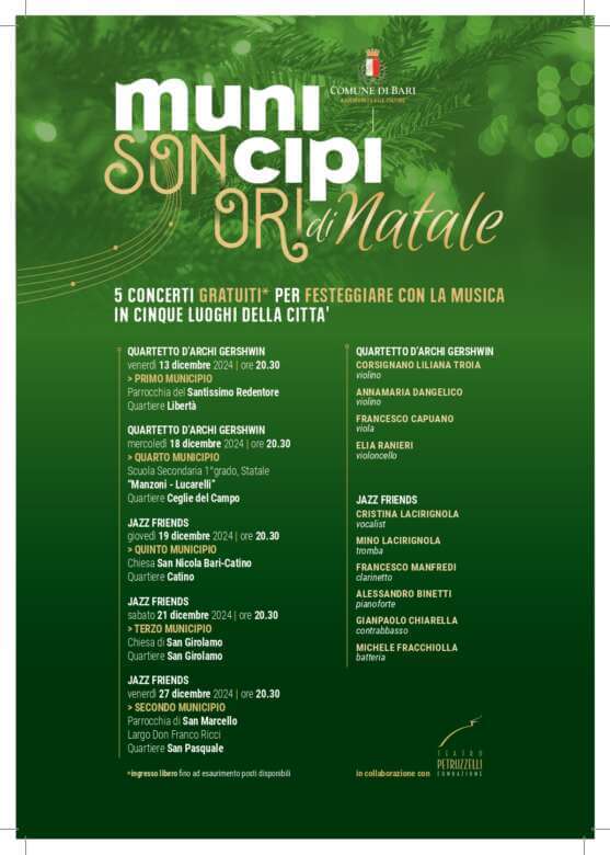Nei quartieri di Bari torna “Municipi Sonori”: 5 concerti gratuiti per festeggiare con la musica il Natale Nei quartieri di Bari torna “Municipi Sonori”: 5 concerti gratuiti per festeggiare con la musica il Natale