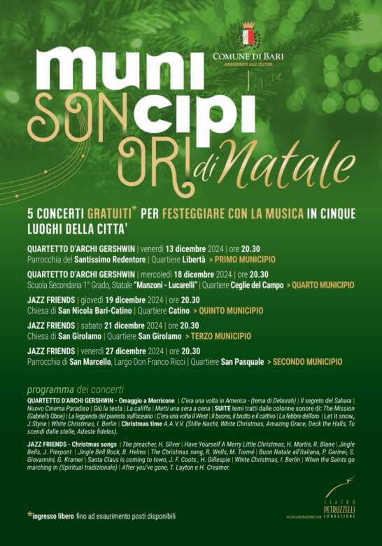 Nei quartieri di Bari torna “Municipi Sonori”: 5 concerti gratuiti per festeggiare con la musica il Natale Nei quartieri di Bari torna “Municipi Sonori”: 5 concerti gratuiti per festeggiare con la musica il Natale