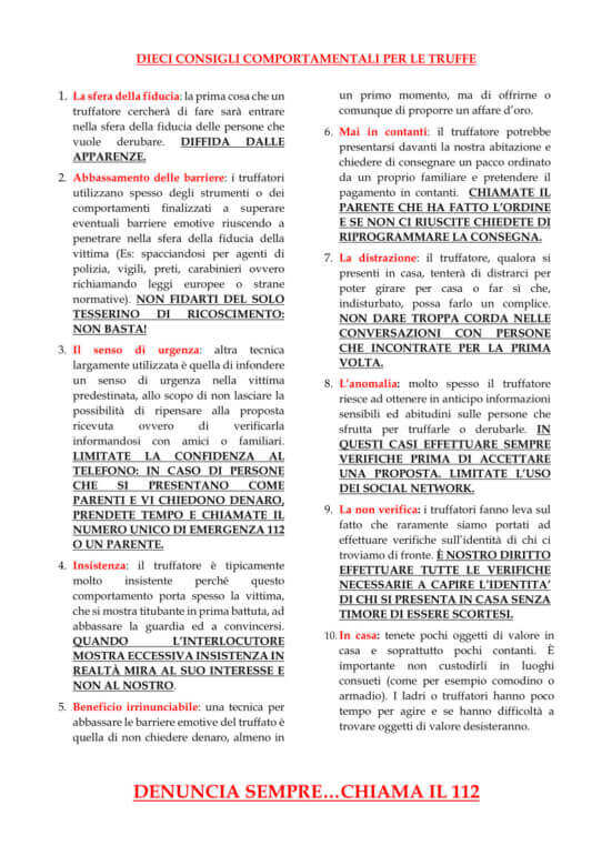 Truffe agli anziani, a Bari scendono in campo i carabinieri: 10 consigli per proteggersi