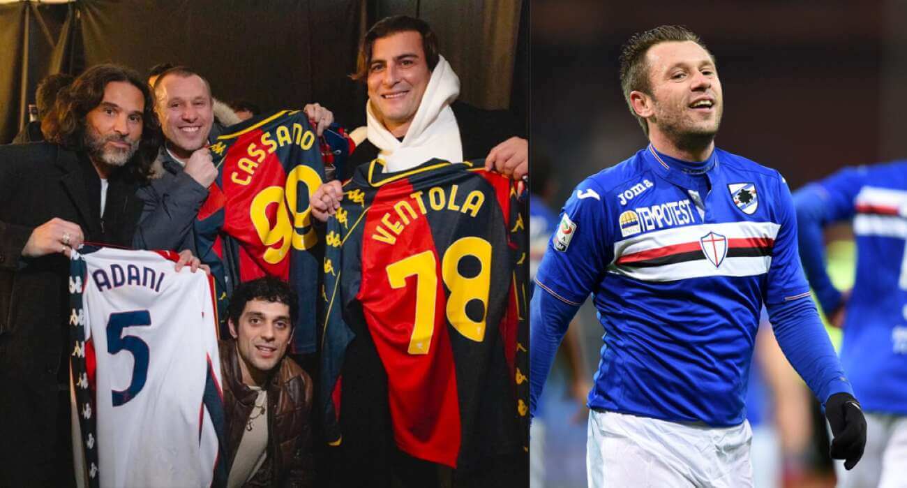 Sanremo, Bresh regala la maglia del Genoa a Lele Adani, Ventola e all’ex Sampdoria Cassano – VIDEO