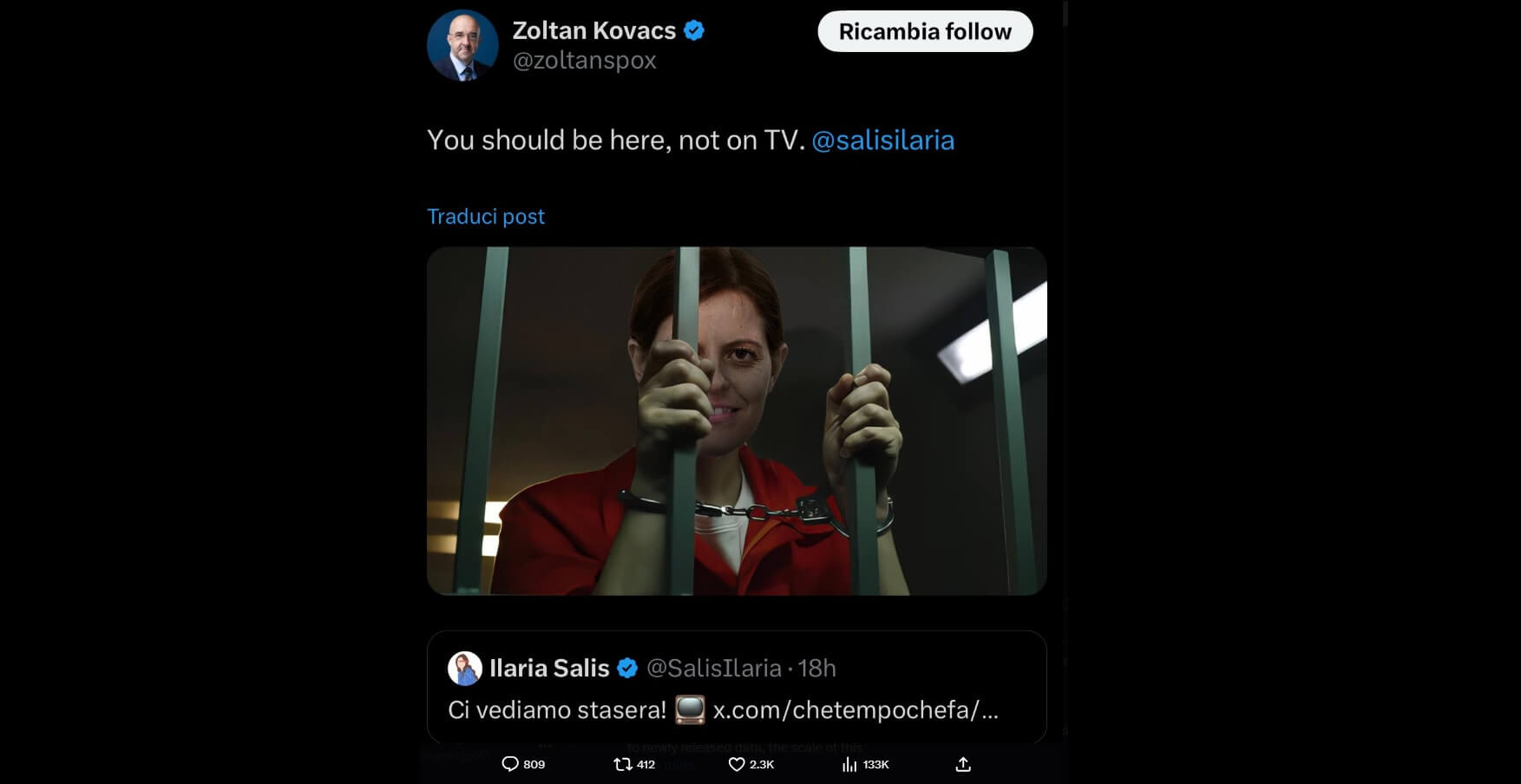 Ilaria Salis e il fotomontaggio su X: «Dovrebbe stare in carcere»