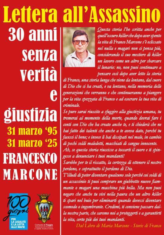 Foggia, in città una lettera all’assassino di Franco Marcone: «Farai i conti con Dio»