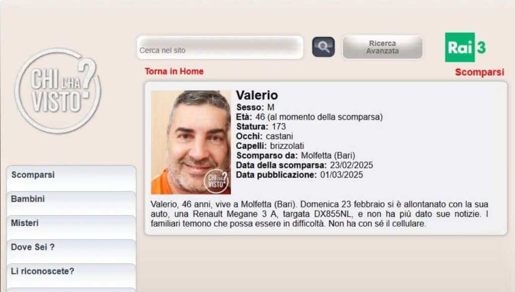 Molfetta trovato morto il 46enne scomparso da una settimana. L’appello a “Chi l’ha visto?”