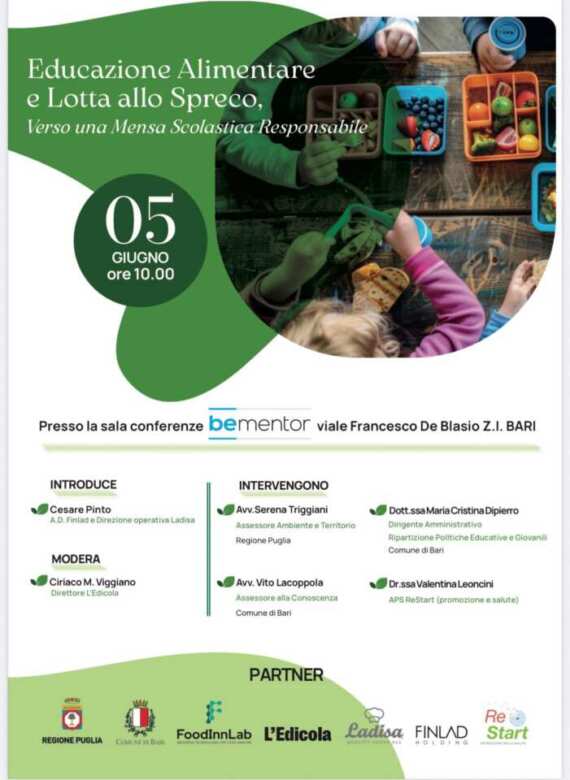 Educazione alimentare e lotta allo spreco: una mensa scolastica responsabile. Se ne discute a Bari Educazione alimentare e lotta allo spreco: una mensa scolastica responsabile. Se ne discute a Bari