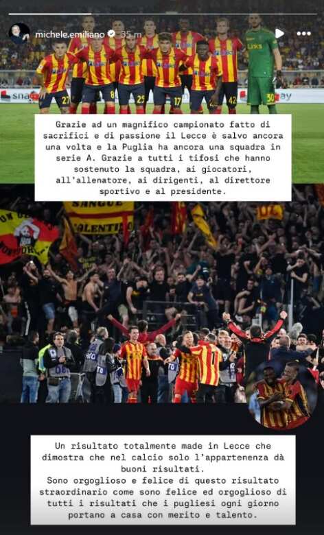 Il Lecce è salvo, esulta anche Emiliano: «La Puglia ancora in Serie A. L’appartenenza dà buoni risultati» Il Lecce è salvo, esulta anche Emiliano: «La Puglia ancora in Serie A. L’appartenenza dà buoni risultati»