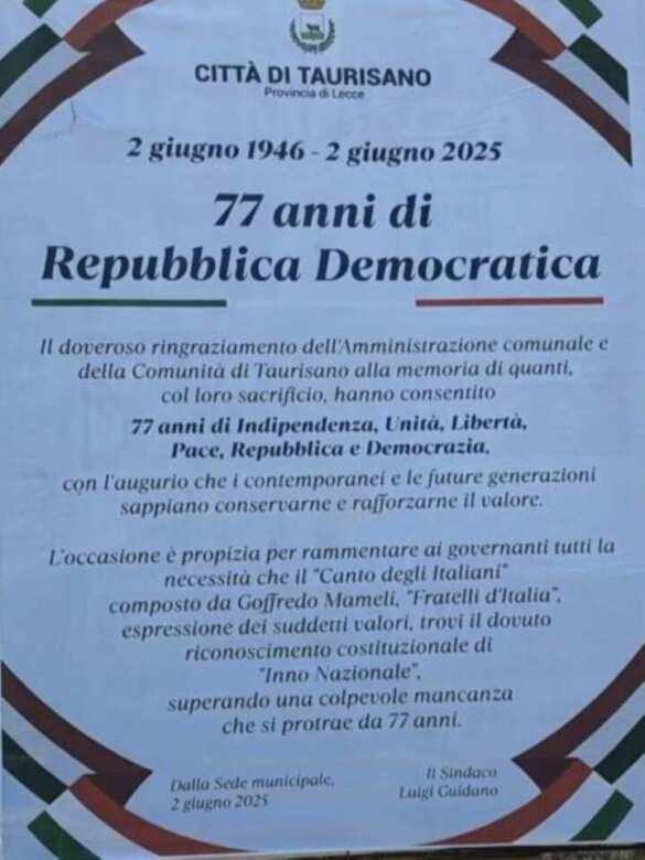 Festa della Repubblica, i conti sbagliati sui manifesti a Taurisano: gli anni trascorsi dal 1946 diventano 77