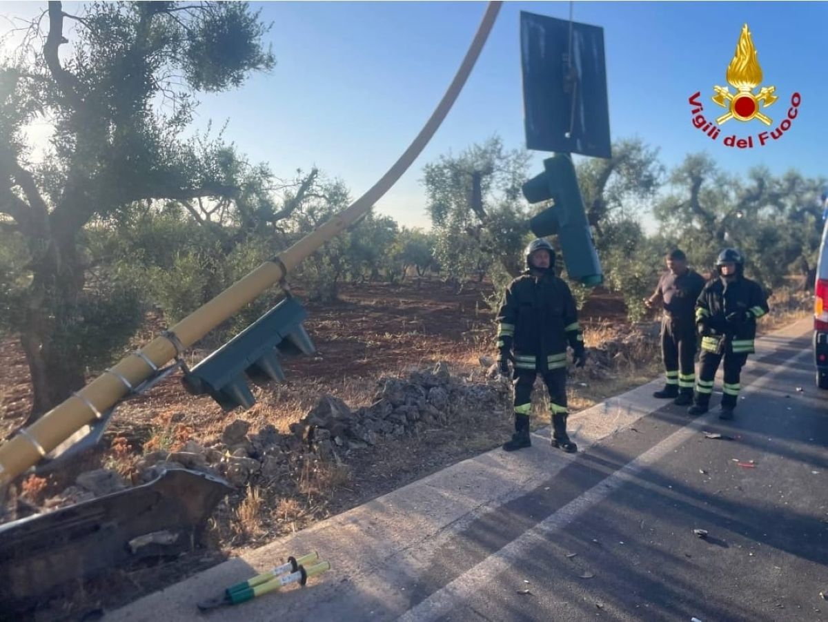 Galleria foto 'Incidente nel Brindisino: due auto si scontrano e abbattono un semaforo, tre feriti – FOTO' - foto 2