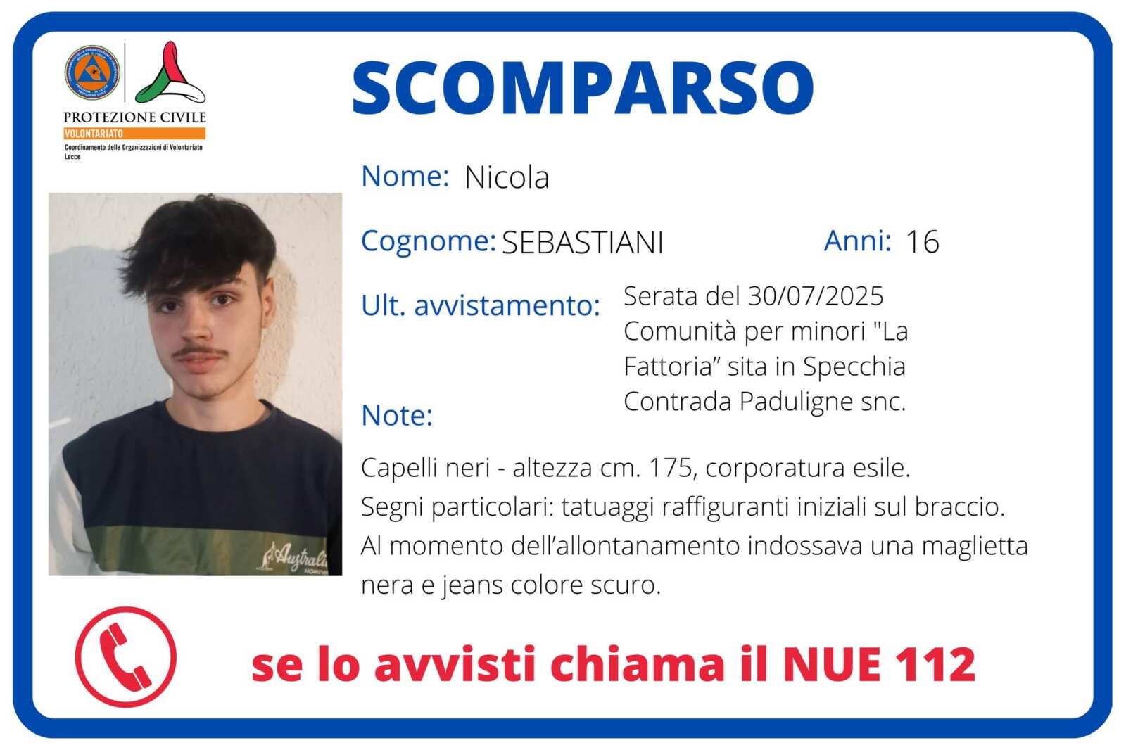 Galleria foto 'Scomparso il 16enne Nicola Sebastiani da una comunità per minori a Specchia: «È diabetico»' - foto 1