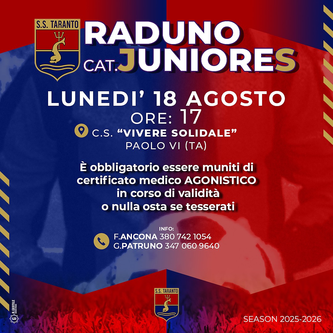 Taranto Calcio: al via il raduno Juniores per la stagione 2025-2026 Taranto Calcio: al via il raduno Juniores per la stagione 2025-2026