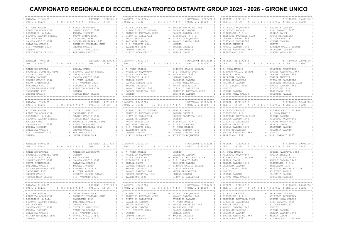 Campionato di Eccellenza, ecco il calendario: per il Taranto esordio contro la Nuova Spinazzola Campionato di Eccellenza, ecco il calendario: per il Taranto esordio contro la Nuova Spinazzola