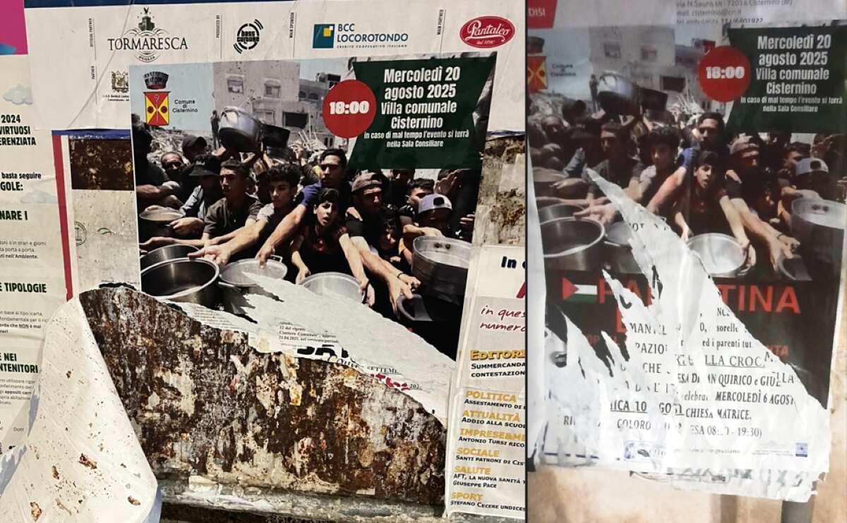 Vandalizzati manifesti pro Palestina a Cisternino: «Vi spaventa tanto da strappare l’immagine delle vittime?» Vandalizzati manifesti pro Palestina a Cisternino: «Vi spaventa tanto da strappare l’immagine delle vittime?»