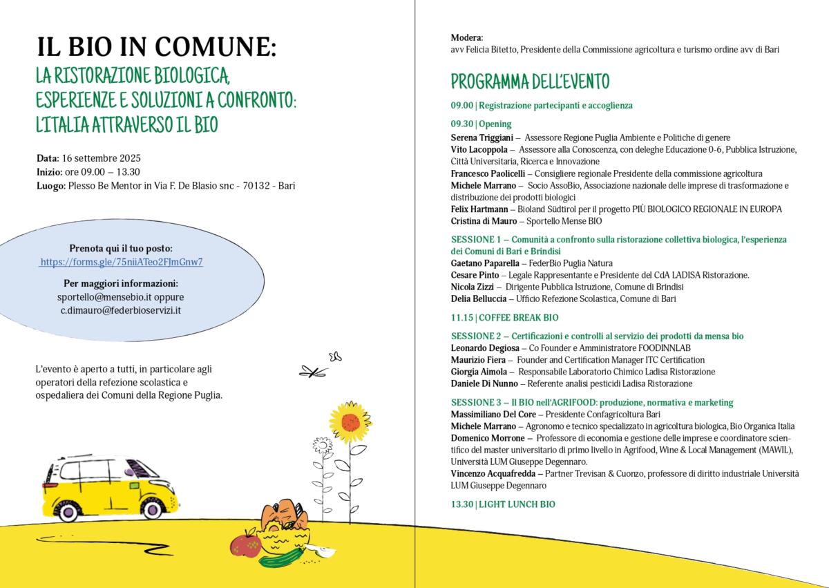 Verso una ristorazione collettiva più sostenibile: il 16 settembre a Bari l’evento dedicato al biologico Verso una ristorazione collettiva più sostenibile: il 16 settembre a Bari l’evento dedicato al biologico