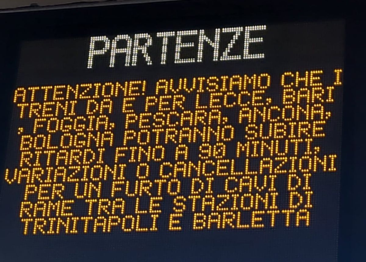 Furto di cavi in rame tra Trinitapoli e Barletta, traffico ferroviario in tilt: ritardi e cancellazioni