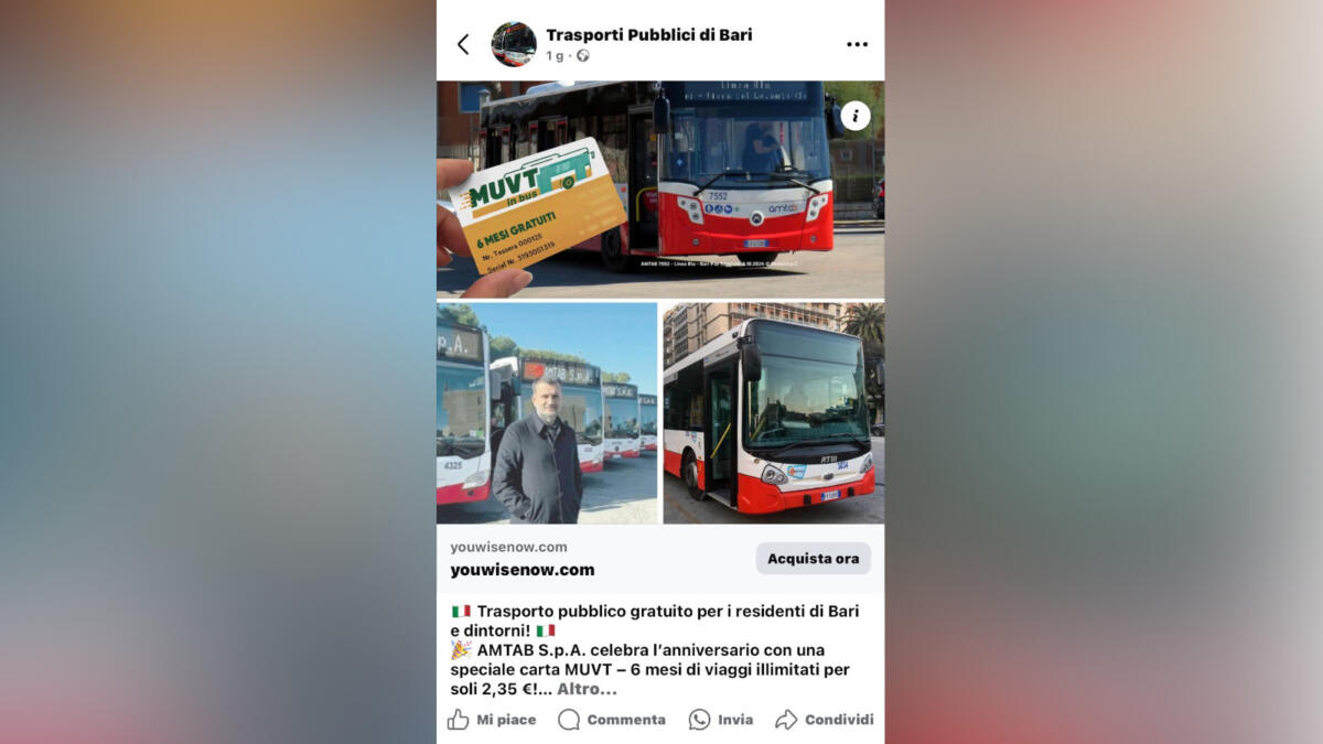 Bari, sui social profili e pagine promettono abbonamenti gratuiti all’Amtab: «Attenzione, è una truffa» Bari, sui social profili e pagine promettono abbonamenti gratuiti all’Amtab: «Attenzione, è una truffa»
