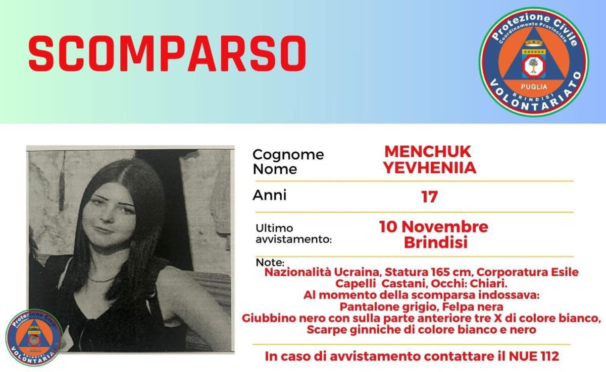 Brindisi, diramato l’appello per la 17enne ucraina Menchuk Yevheniia: scomparsa da 3 giorni